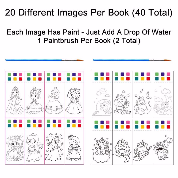 2x Pocket Water Paint Colouring Books with Paintbrush & Paint - Image 3
