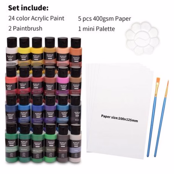24 Colour Acrylic Paint Set with Brushes, Paint Palette & 400GSM Paper - Image 2