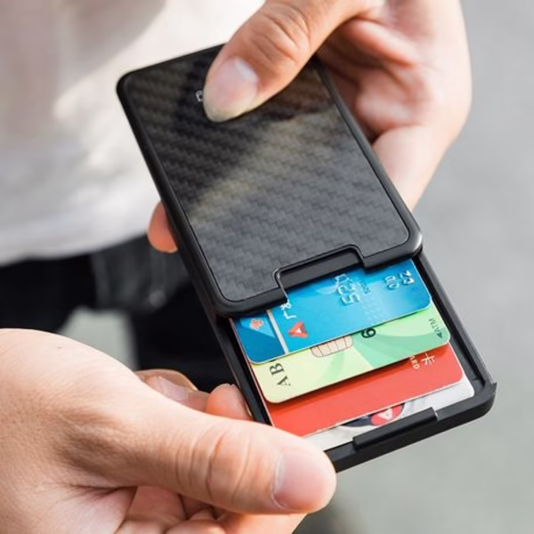 New-Bring Aluminum Sliding Card Holder - RFID Blocking (Black & Carbon) - Image 4