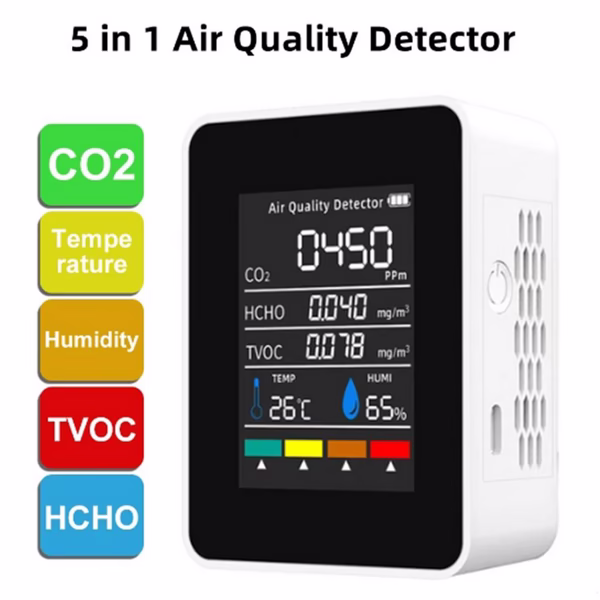 5-in-1 Air Quality Monitor - CO , HCHO, TVOC, Temperature & Humidity