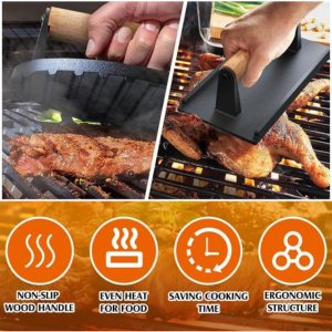 2 Pack Cast Iron Smashing Burger Press Set-Round and Rectangle - Image 6