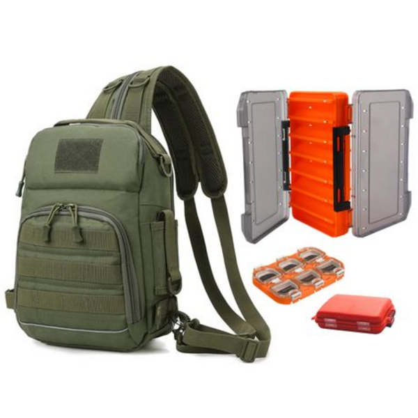Fishing/Outdoor Backpack/Messenger Bag With 3 Tackle/Lure Boxes - Green