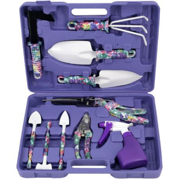 Purple Floral Gardening Tool Set 10 Pieces In Carry Case Novelty Gift Outdoor