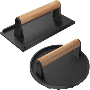 2 Pack Cast Iron Smashing Burger Press Set-Round and Rectangle