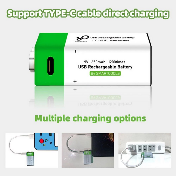 SMARTOOLS 9V USB Rechargeable Lithium Battery - 650mAh with Type-C Cable - Image 3