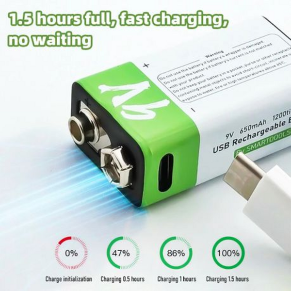 SMARTOOLS 9V USB Rechargeable Lithium Battery - 650mAh with Type-C Cable