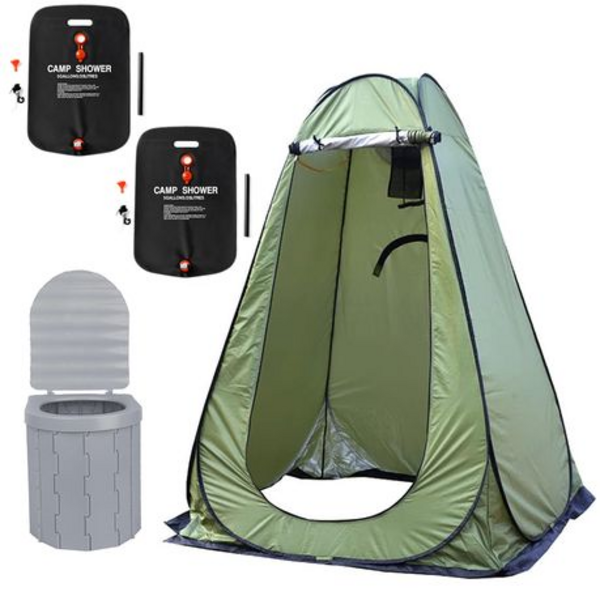Pop-Up Camping Shower Tent With Toilet & 2 Sun Showers (150 x 150 x 190CM)