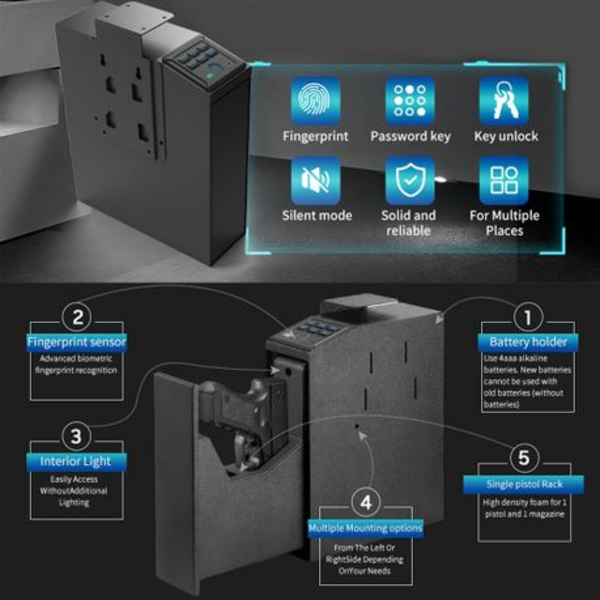 Biometric Handgun Safe With Quick Access Sliding Door & 6 Digit Keypad