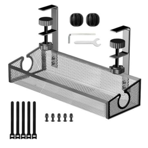 Under Desk Clamp-On Cable Management Tray-Metal Mesh with Cord Clips & Ties