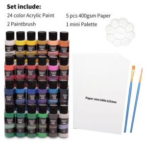24 Colour Acrylic Paint Set with Brushes, Paint Palette & 400GSM Paper