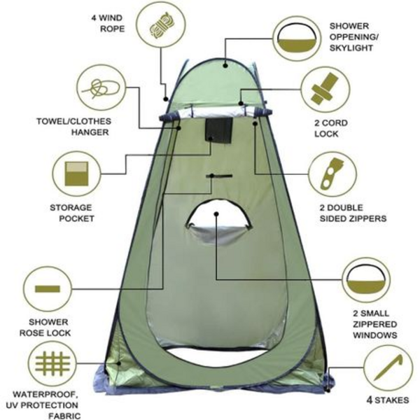 Pop-Up Camping Shower Tent With Toilet & 2 Sun Showers (150 x 150 x 190CM) - Image 7