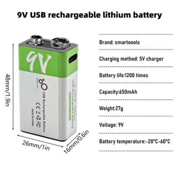 SMARTOOLS 9V USB Rechargeable Lithium Battery - 650mAh with Type-C Cable