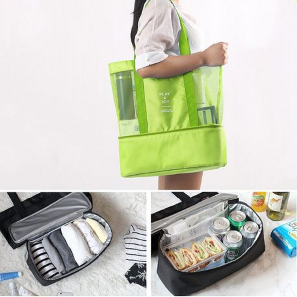 Mesh Beach Bag with Detachable Insulated Cooler - Green