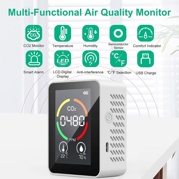 3-in-1 Rechargeable Air Quality Monitor With Semiconductor CO2 sensor-White