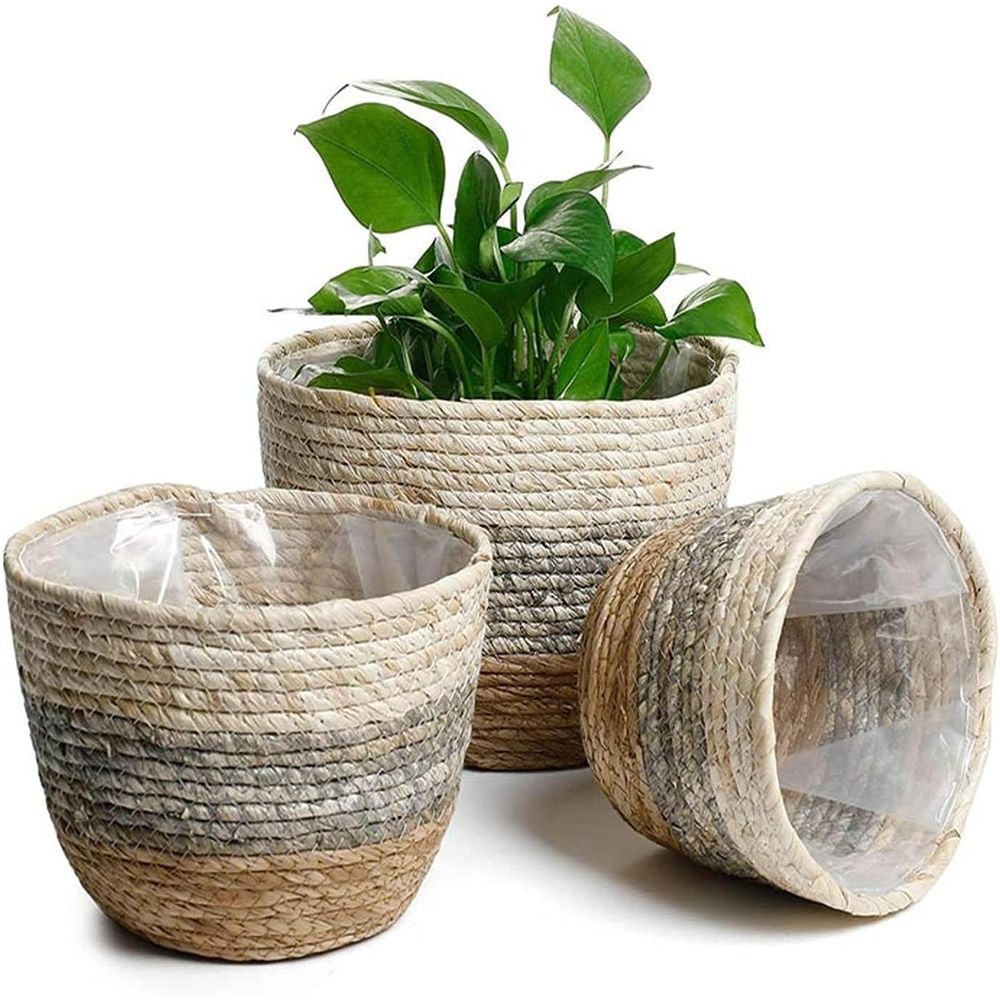 3-Pack Seagrass Plant Basket Set with Waterproof Liners (S/M/L)