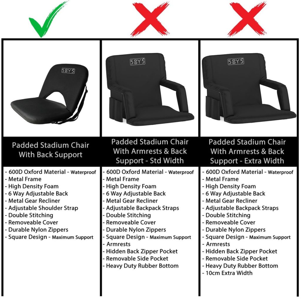 5by5 Padded Stadium Chair With Back Support (600D Waterproof Oxford Nylon)