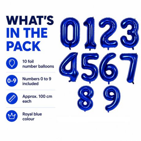 10 Pieces of Royal Blue Foil Number Balloons 0-9 Set - 100 cm Party Decor