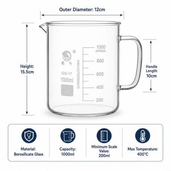 Shuniu 1000ml Borosilicate Glass Beaker with Handle