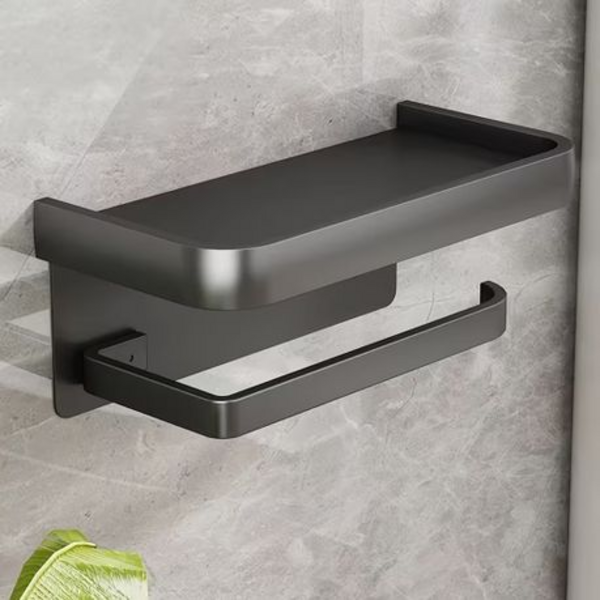 Wall Mounted Toilet Roll Holder with Shelf - Aluminium (Gunmetal Grey)