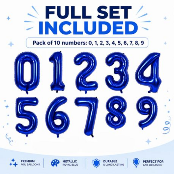 10 Pieces of Royal Blue Foil Number Balloons 0-9 Set - 100 cm Party Decor