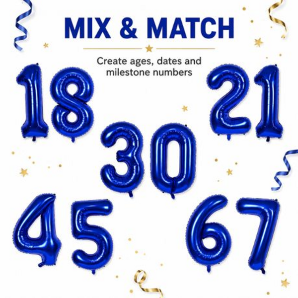 10 Pieces of Royal Blue Foil Number Balloons 0-9 Set - 100 cm Party Decor