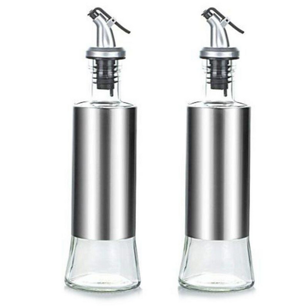 T4U Oil and Vinegar Pourer Set - Stainless Steel & Glass (300ml 2 Piece)