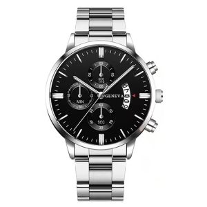 Geneva Metal Link Bracelet Watch with Date Window - Black Dial - Image 1
