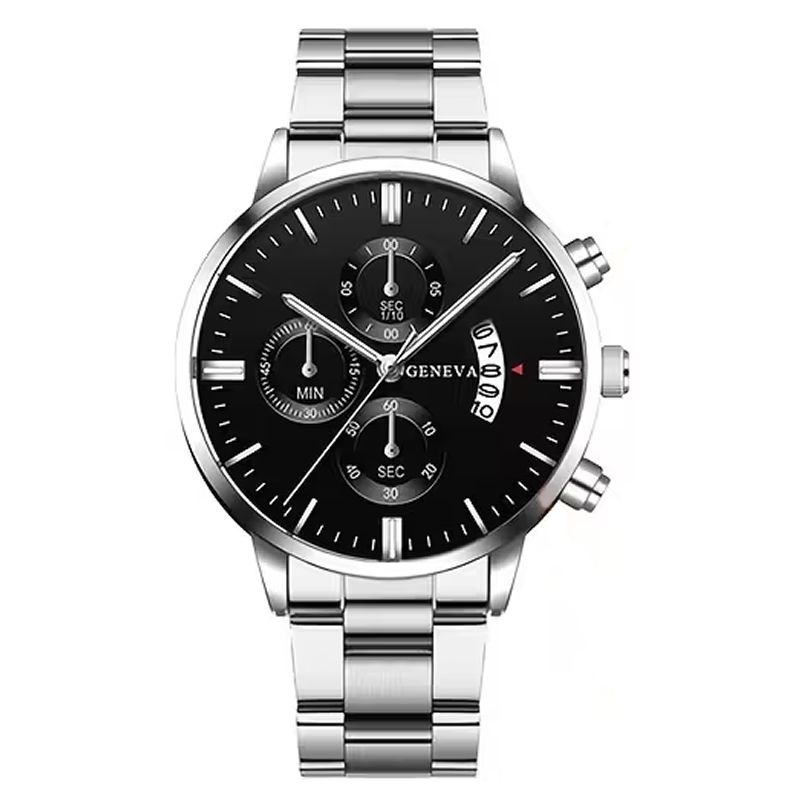 Geneva Metal Link Bracelet Watch with Date Window - Black Dial