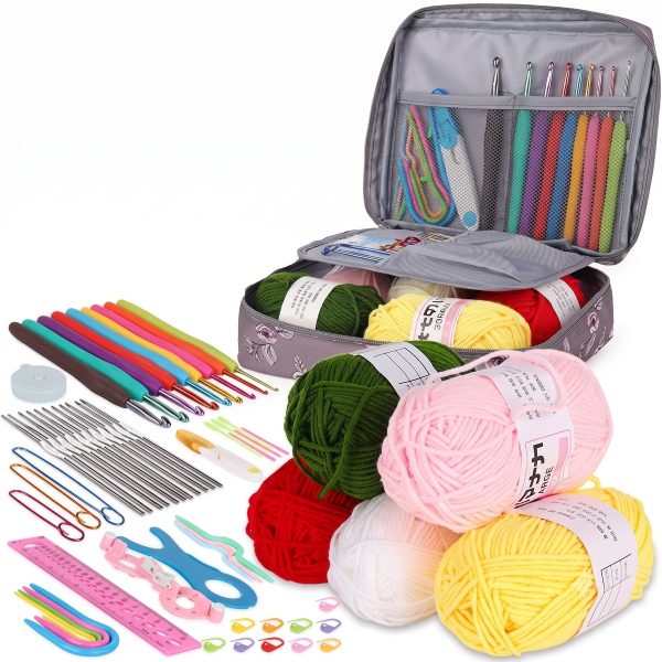 Complete Crochet Starter Kit with Case, Yarn Skeins & Ergonomic Hooks