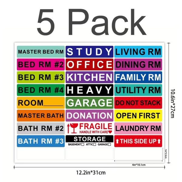 Moving Box Label Stickers 5-Pack - Room & Handling Labels