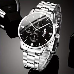 Geneva Metal Link Bracelet Watch with Date Window - Black Dial - Image 2