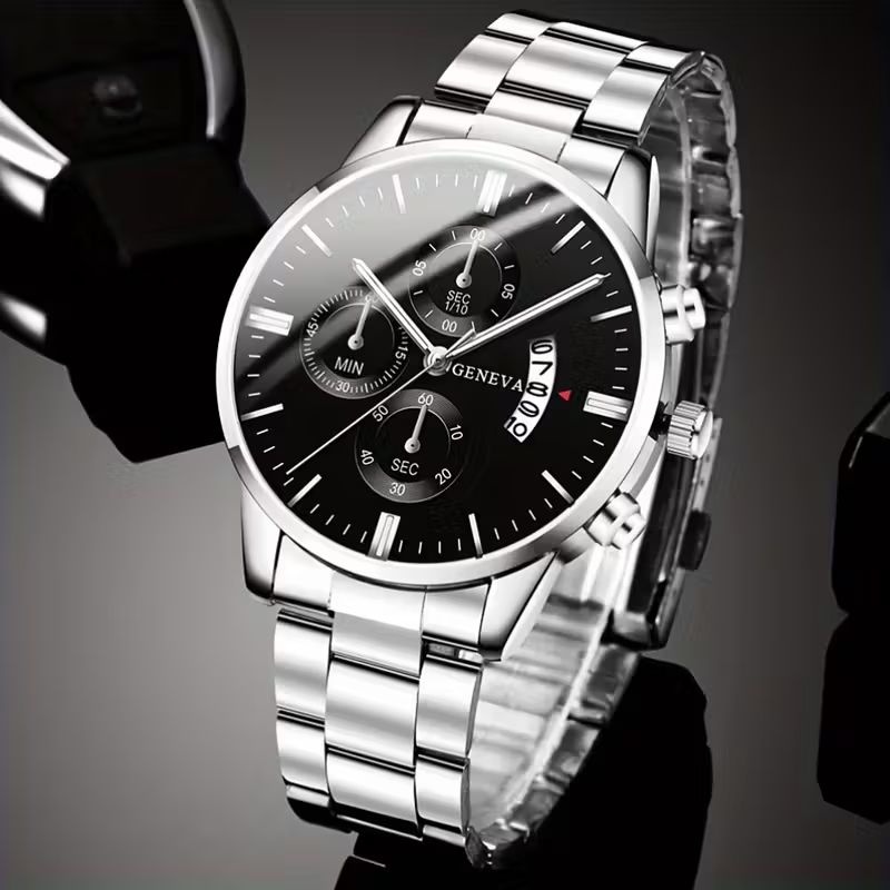 Geneva Metal Link Bracelet Watch with Date Window - Black Dial