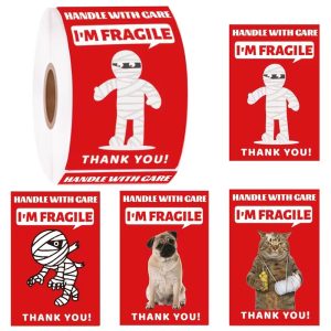 200pcs Funny Fragile Stickers - 4 Designs (Dog, Cat & Mummy) - 7.62x5.08cm - Image 2
