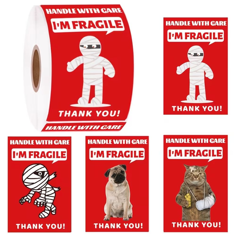 200pcs Funny Fragile Stickers - 4 Designs (Dog, Cat & Mummy) - 7.62x5.08cm