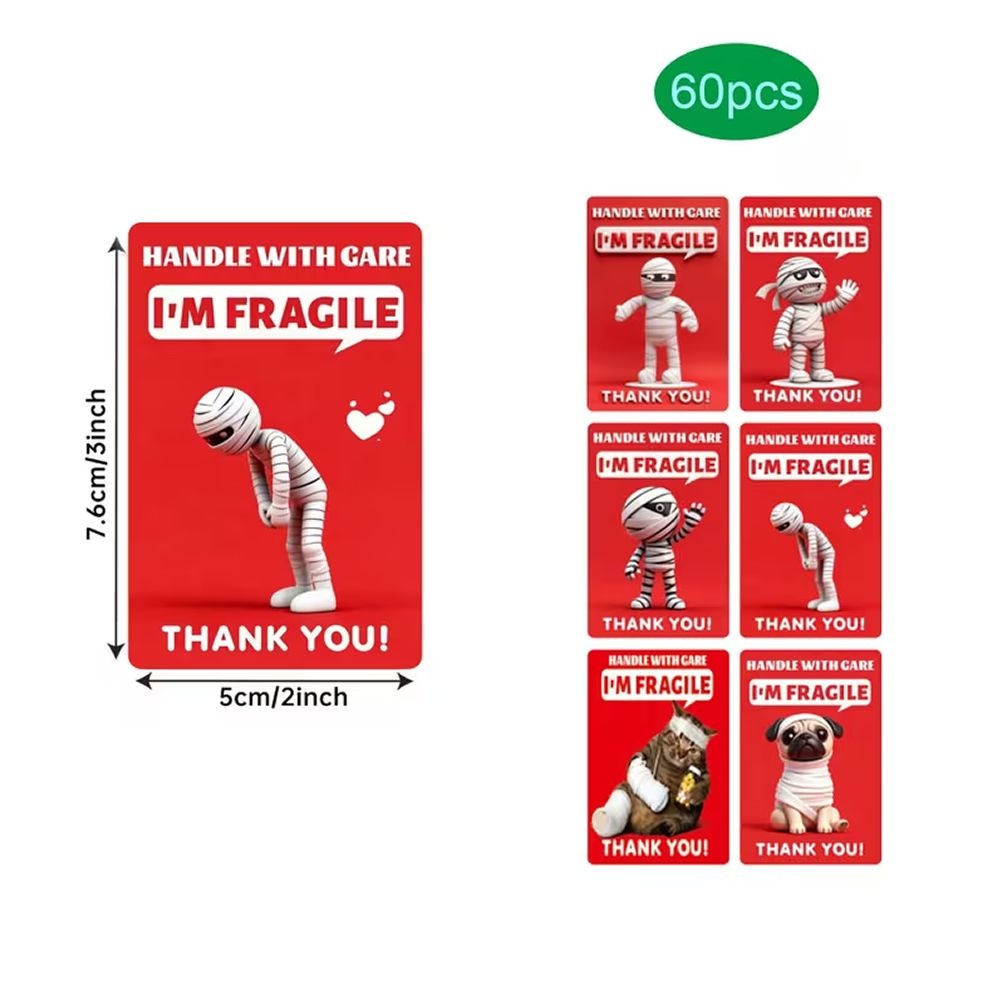 60x Fragile Handle With Care Stickers - Cute Warning Labels for Packaging