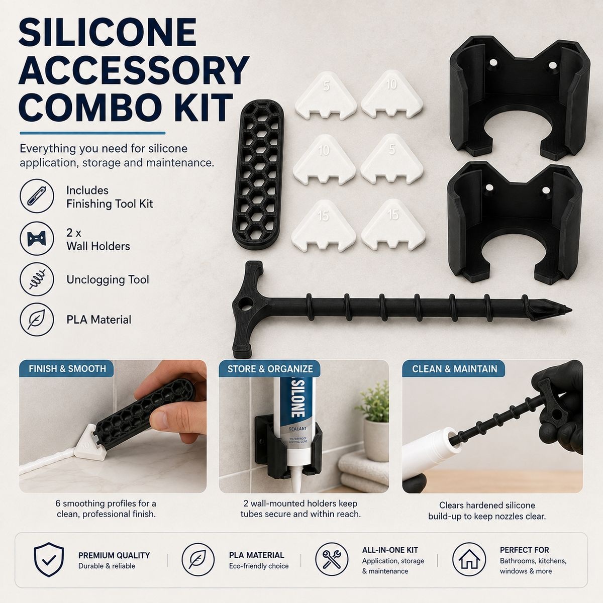Silicone Accessory Combo - Finishing Tool, Wall Holders & Unclogging Tool - Image 2