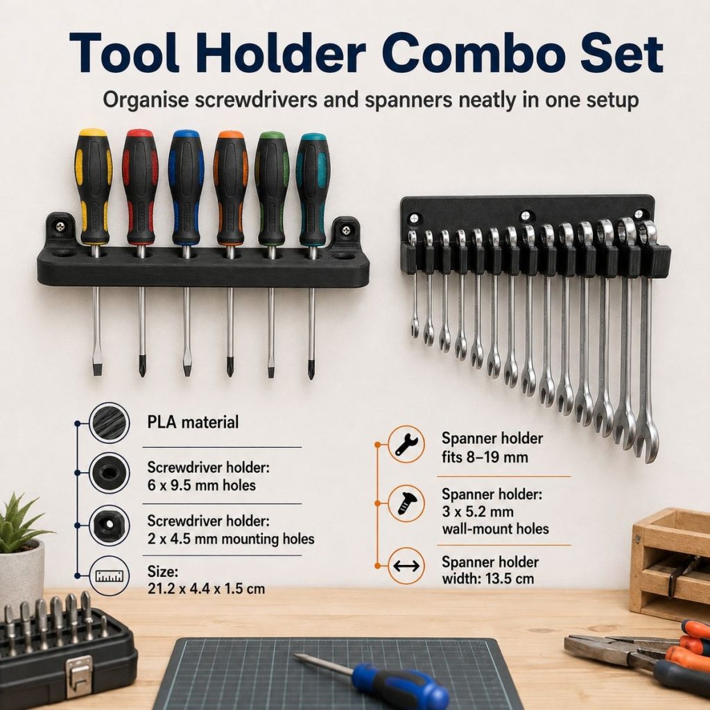 Wall-Mounted Tool Holder Combo Set - PLA Screwdriver and Spanner Holder