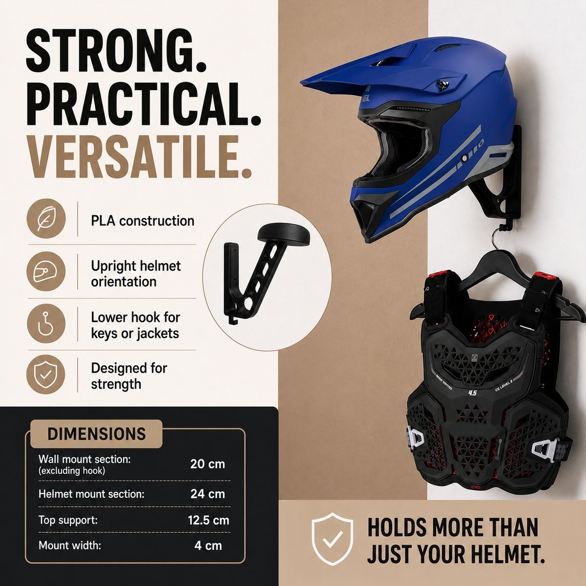 Upright Helmet Wall Mount Holder With Lower Hook - Image 2