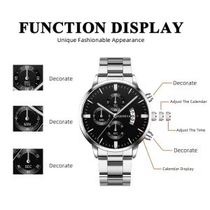 Geneva Metal Link Bracelet Watch with Date Window - Black Dial - Image 3