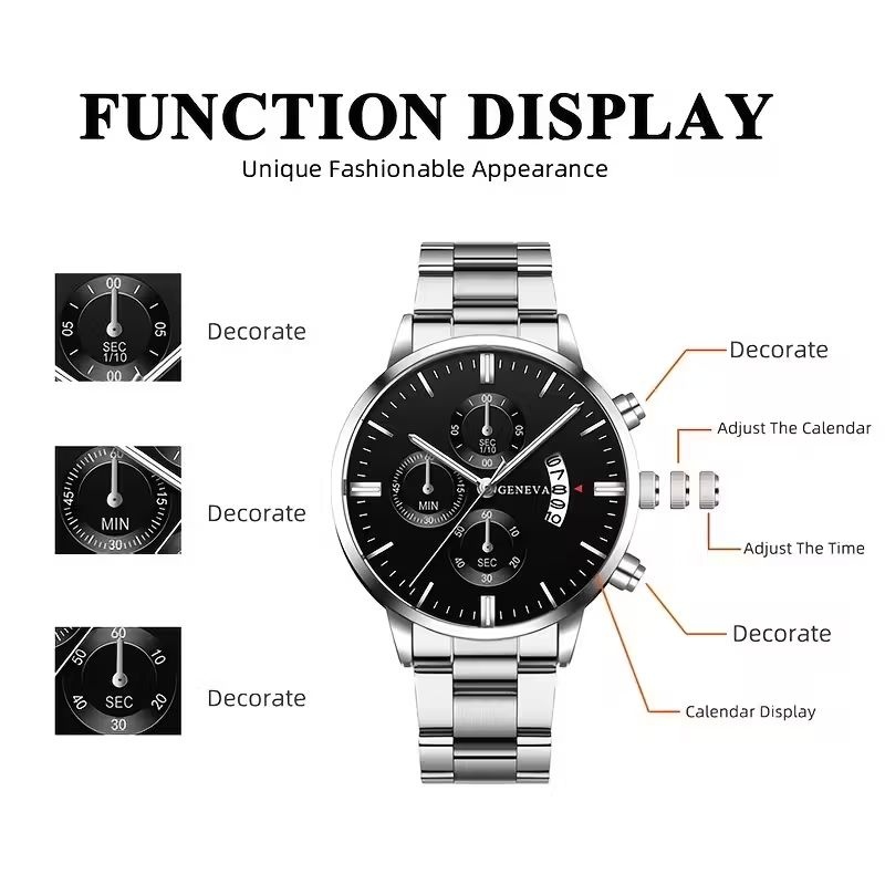 Geneva Metal Link Bracelet Watch with Date Window - Black Dial