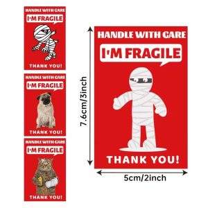 200pcs Funny Fragile Stickers - 4 Designs (Dog, Cat & Mummy) - 7.62x5.08cm - Image 3