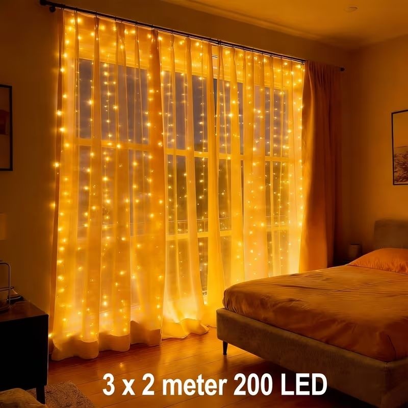 3m x 2m LED Curtain Fairy Lights with USB Power - 200 Warm White LEDs