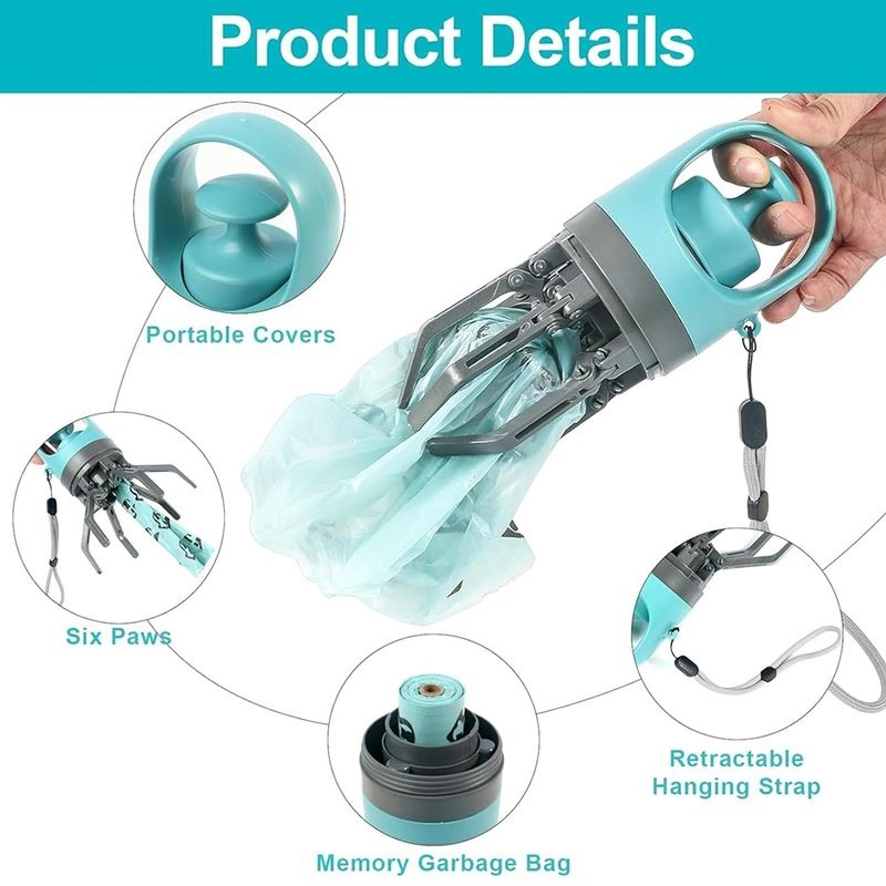 Portable Dog Poop Scooper Grabber with Bag Dispenser & Cover