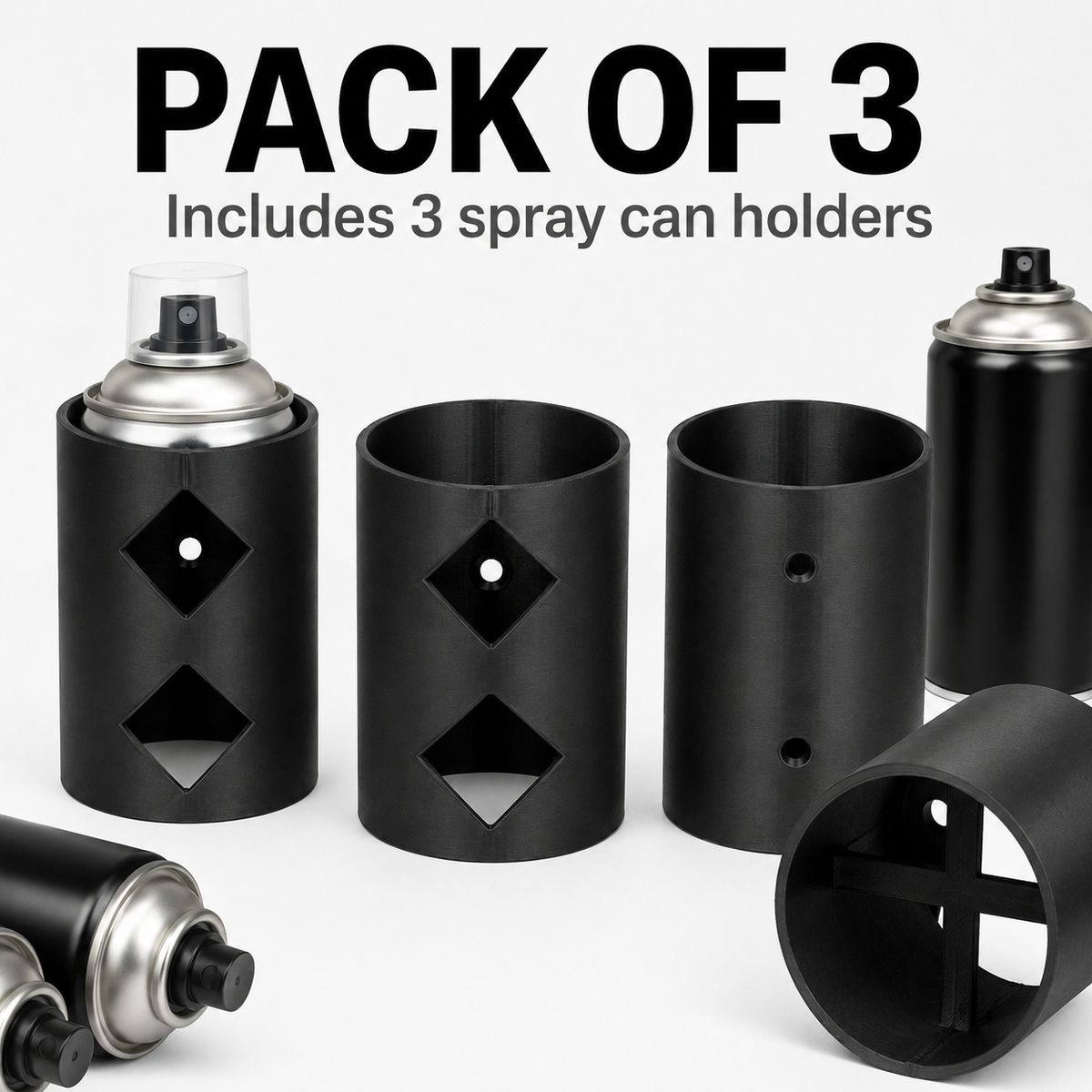 3 Pack Wall-Mounted Spray Can Holders - Black PLA Aerosol Storage Organiser - Image 4