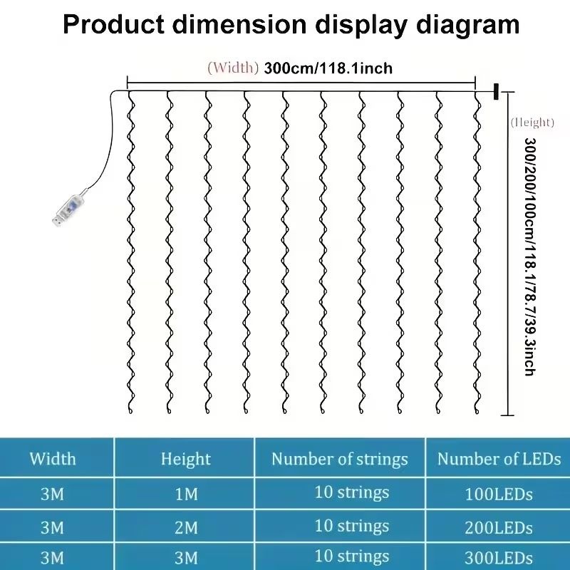 3m x 2m LED Curtain Fairy Lights with USB Power - 200 Warm White LEDs