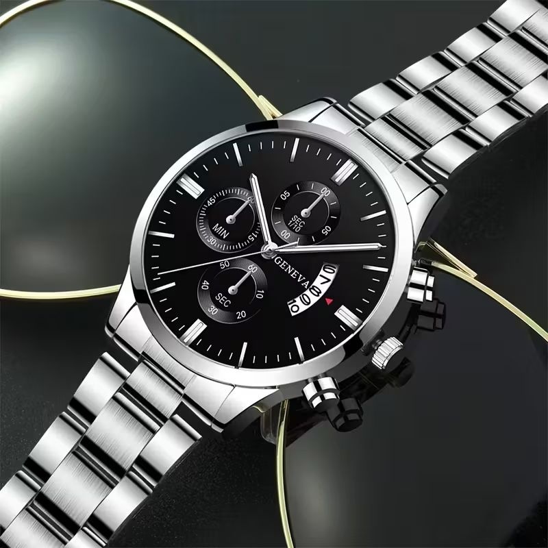 Geneva Metal Link Bracelet Watch with Date Window - Black Dial
