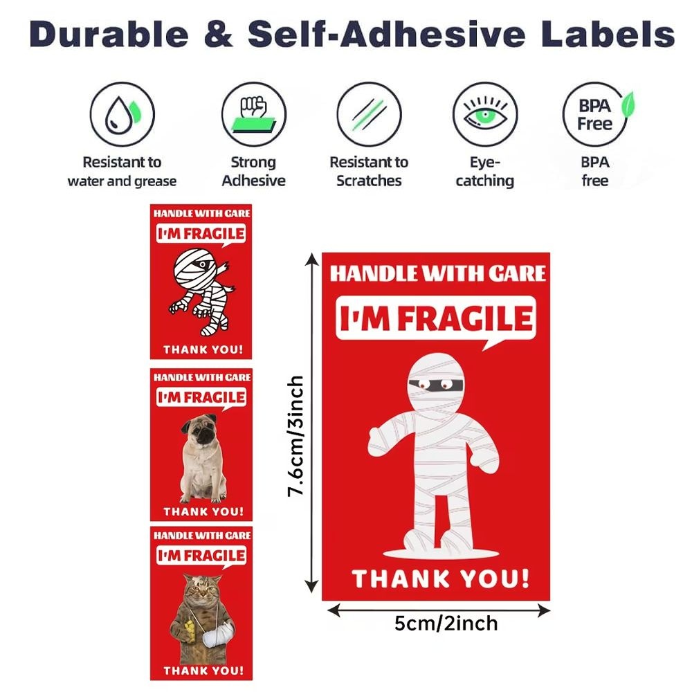 200pcs Funny Fragile Stickers - 4 Designs (Dog, Cat & Mummy) - 7.62x5.08cm