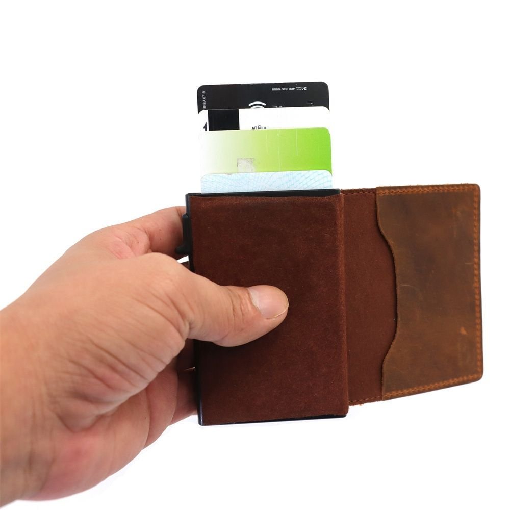 T4U Genuine Leather Pop-Up Credit Card Wallet with Airtag Holder