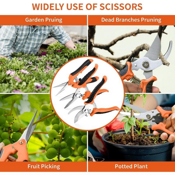 3 Pack Garden Pruning Shears, Stainless Steel Shears, Orange and Black