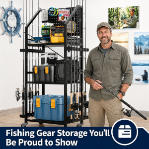 Fishing Rod Storage Cart - 12 Rod Slots 3 Tier - 6 Hooks and Wheels - Image 2